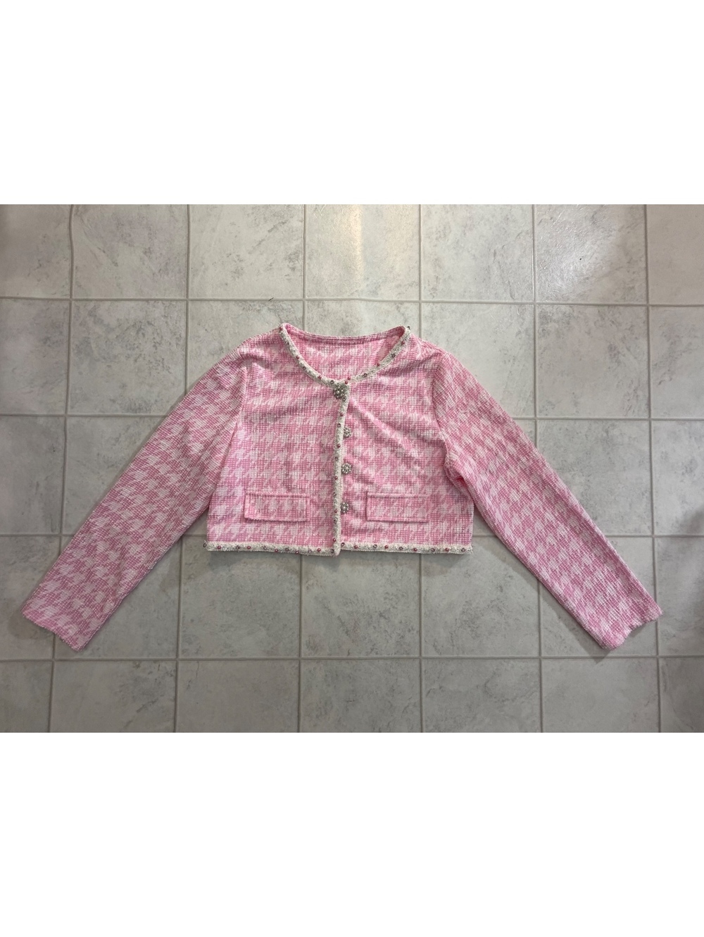 SHEIN pink houndstooth cropped cardigan